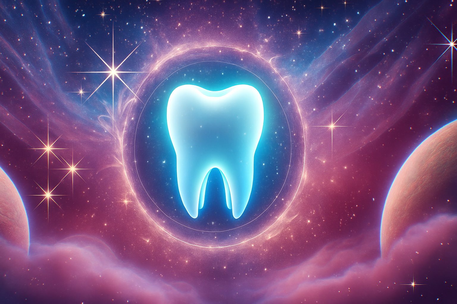 宇宙の光に包まれた歯のシンボルが中央に浮かぶ幻想的なアイキャッチ画像です。