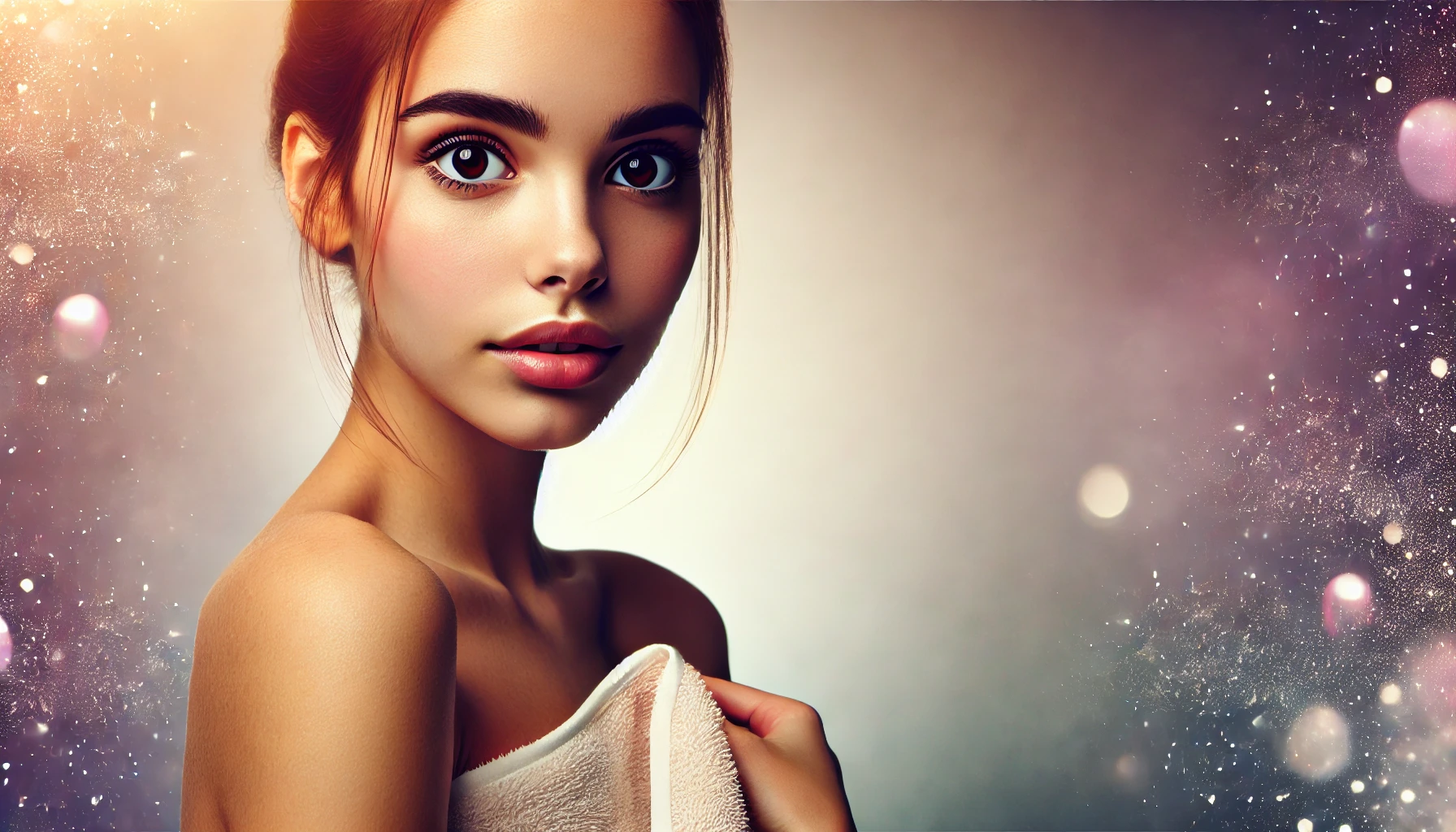 タオルを体に巻いた女性が少し驚いたようにこちらを見るイメージ写真。柔らかな光に包まれた幻想的な雰囲気。