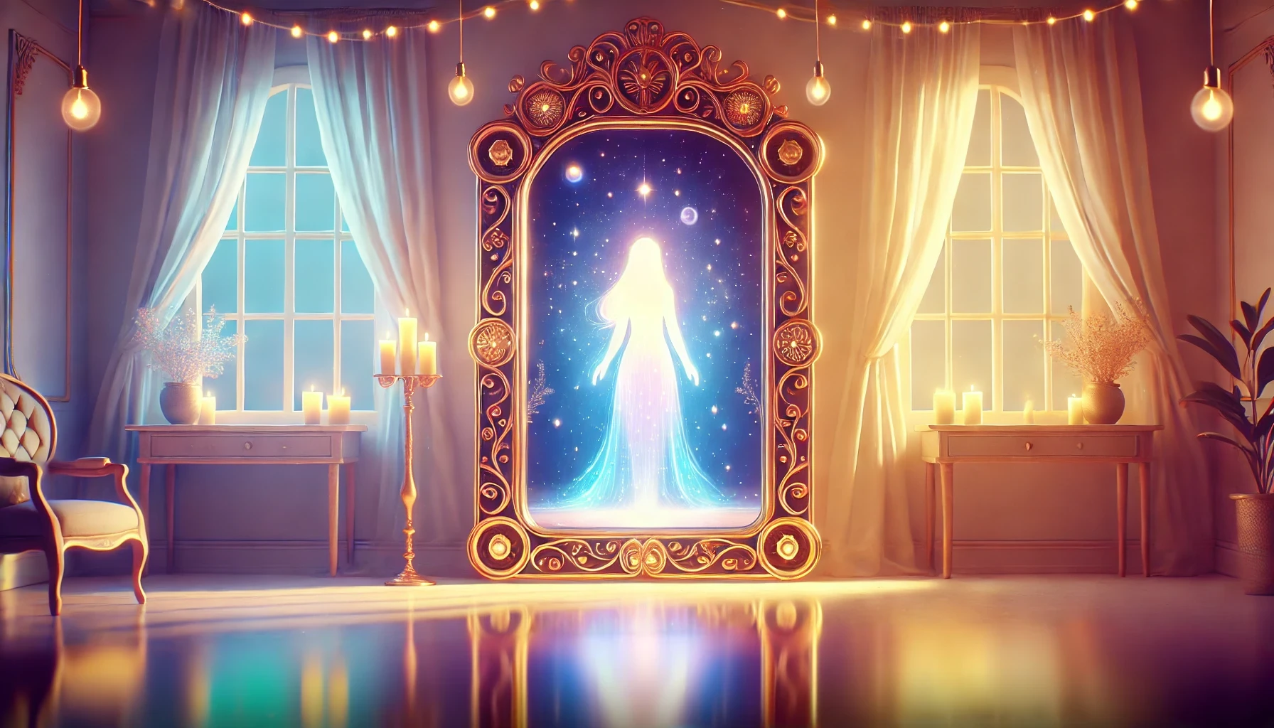 鏡の夢を象徴する神秘的な光のイメージ。夢占いの記事用アイキャッチ画像。
