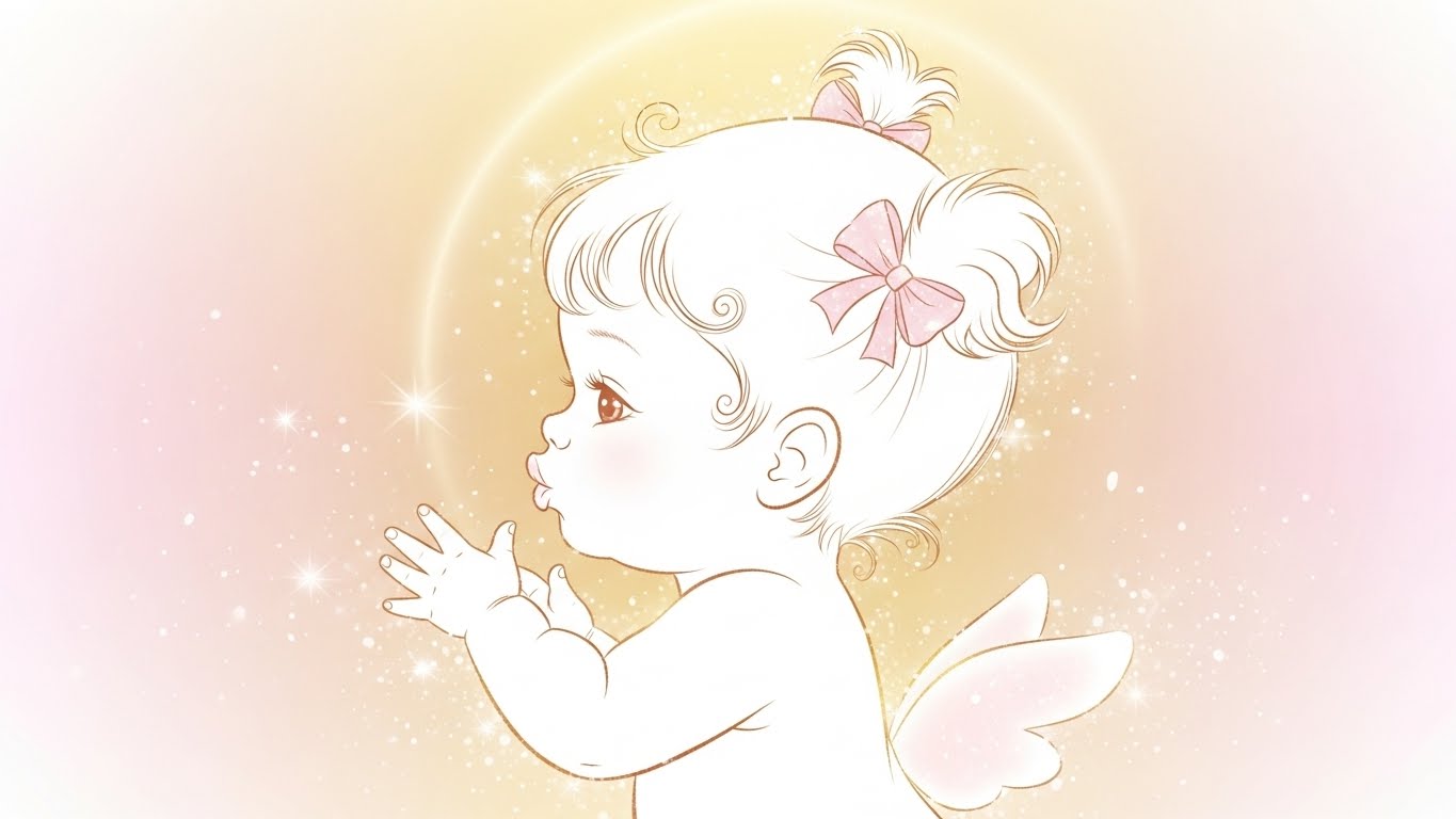 光に包まれた赤ちゃんのイラスト。優しい雰囲気の夢占いイメージ