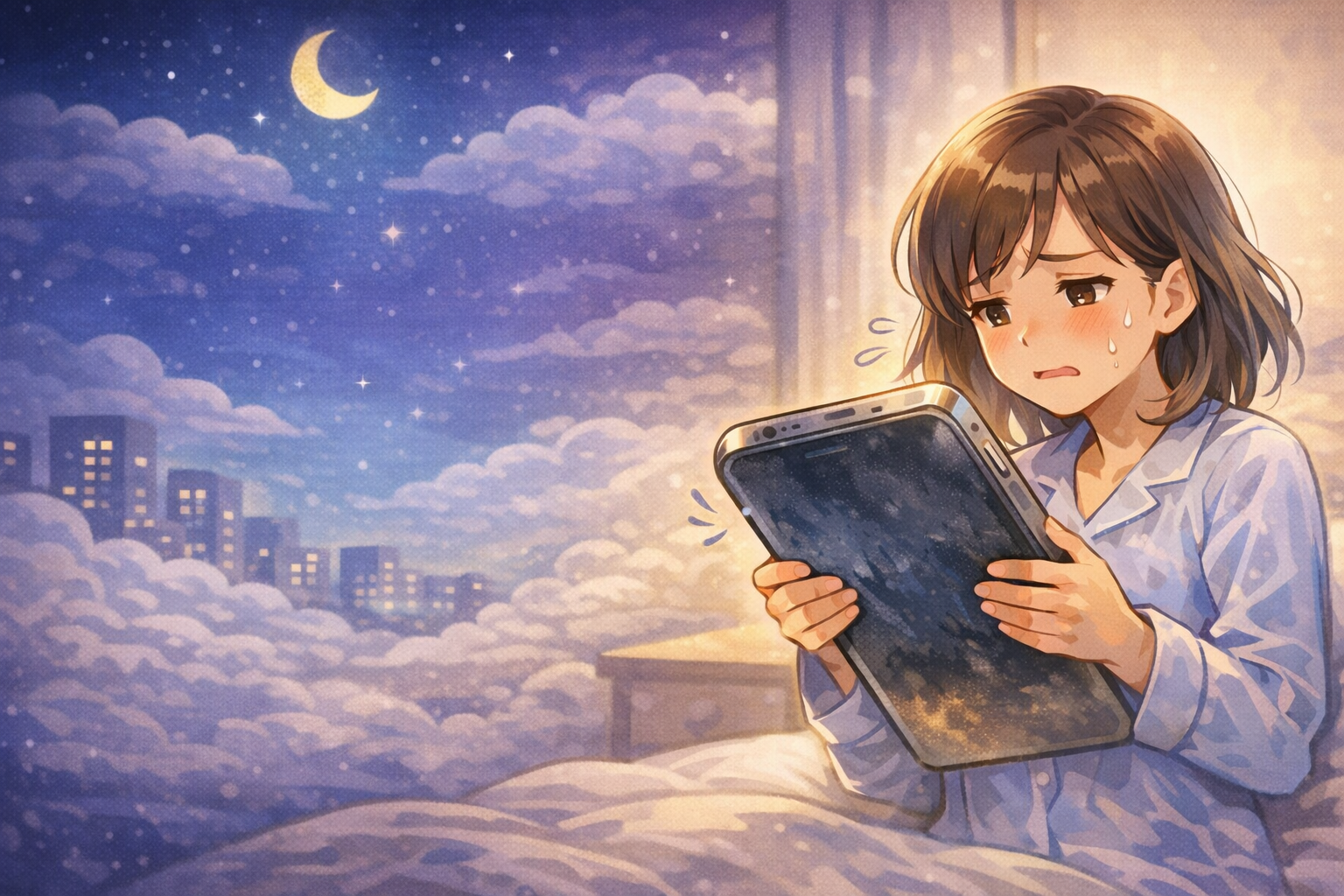 夜の部屋で、重そうなスマホを両手で持ち、少し疲れた表情をしている女性のイラスト