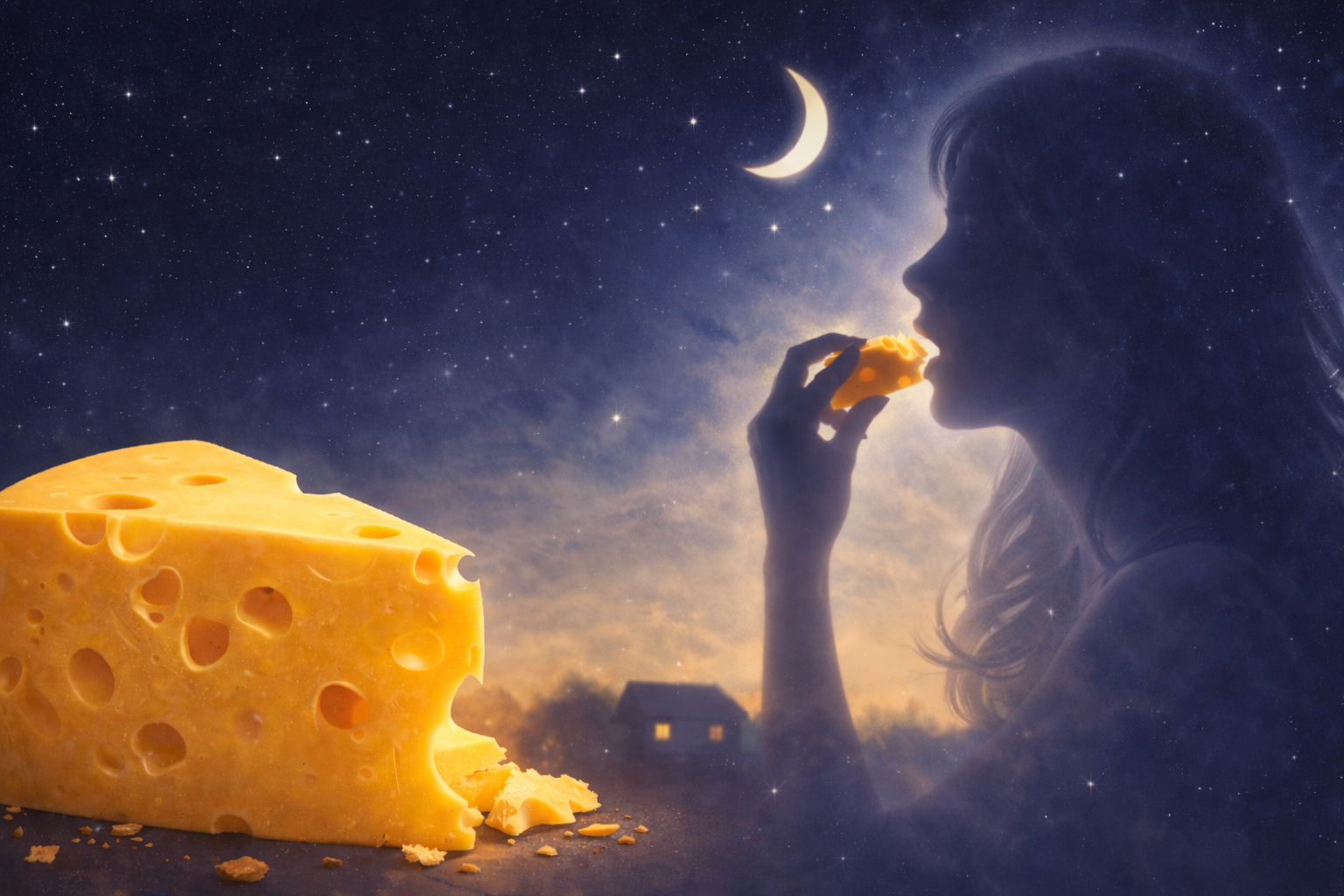 月夜の空とチーズ、月に手を伸ばす女性のシルエット