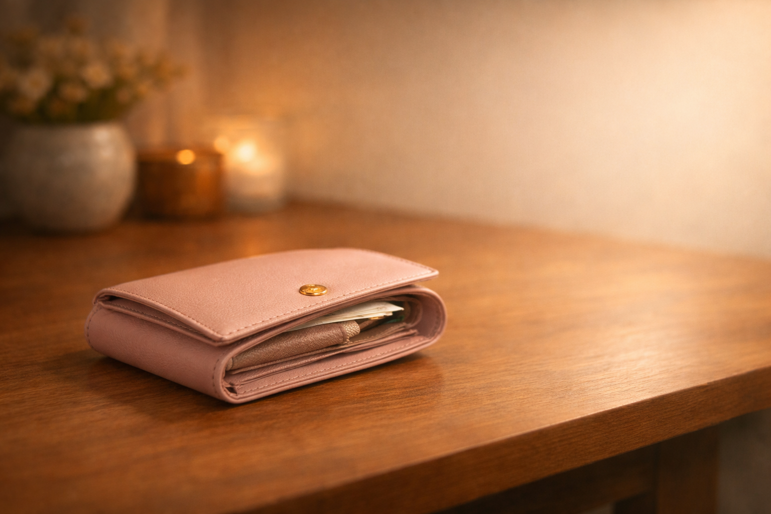 やさしい光の中でテーブルの上に置かれた、少し膨らんだ女性向けの財布