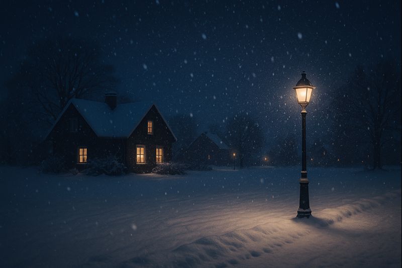 静かな夜に雪が降る街灯と家のある冬の風景