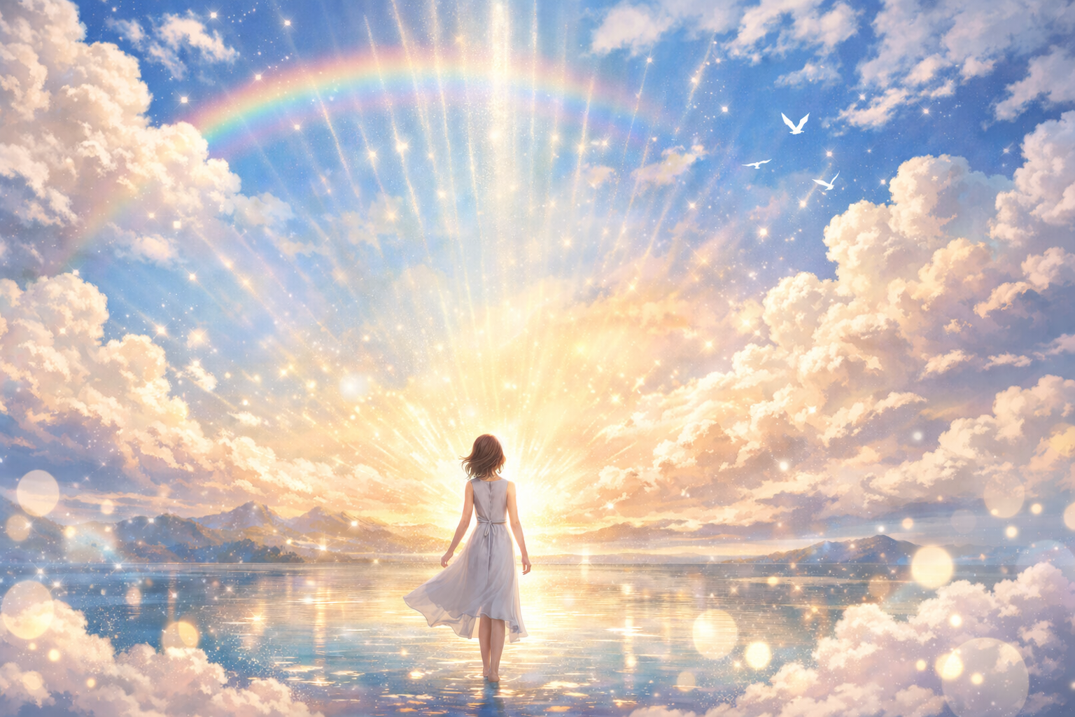 光に包まれた空と水辺に立つ女性の幻想的な風景。希望や癒しを感じさせる光の夢のイメージ