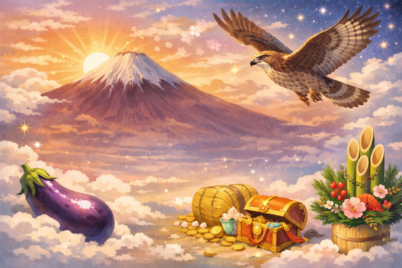 初夢で縁起を呼ぶ一富士二鷹三茄子のイメージイラスト