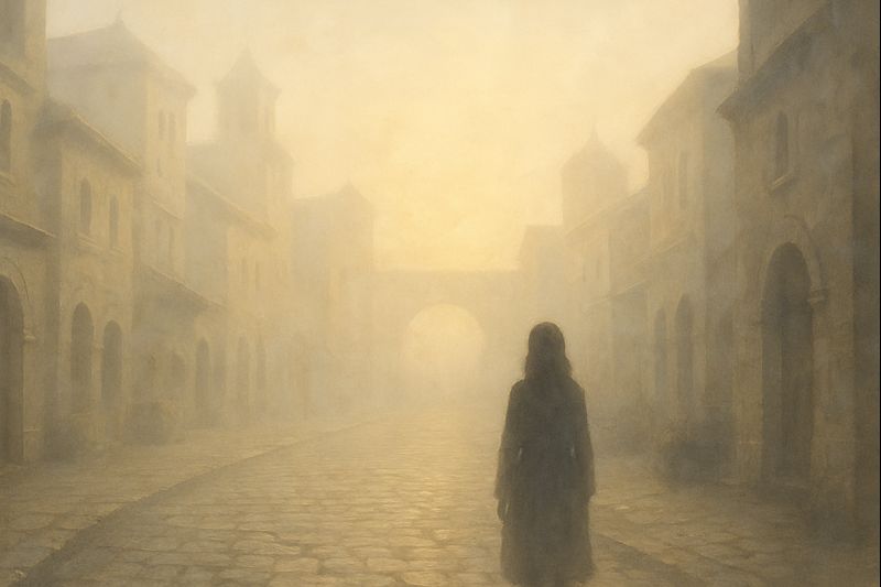 霧に包まれた古い街並みを歩く後ろ姿の人物。前世の夢や記憶を思わせる幻想的な風景