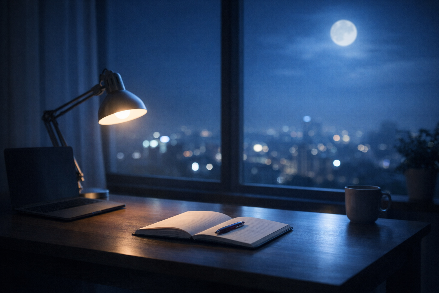 夜の静かなオフィスデスク。仕事を終えた後の空間にデスクライトと月明かりが重なり、心が休もうとしている雰囲気。