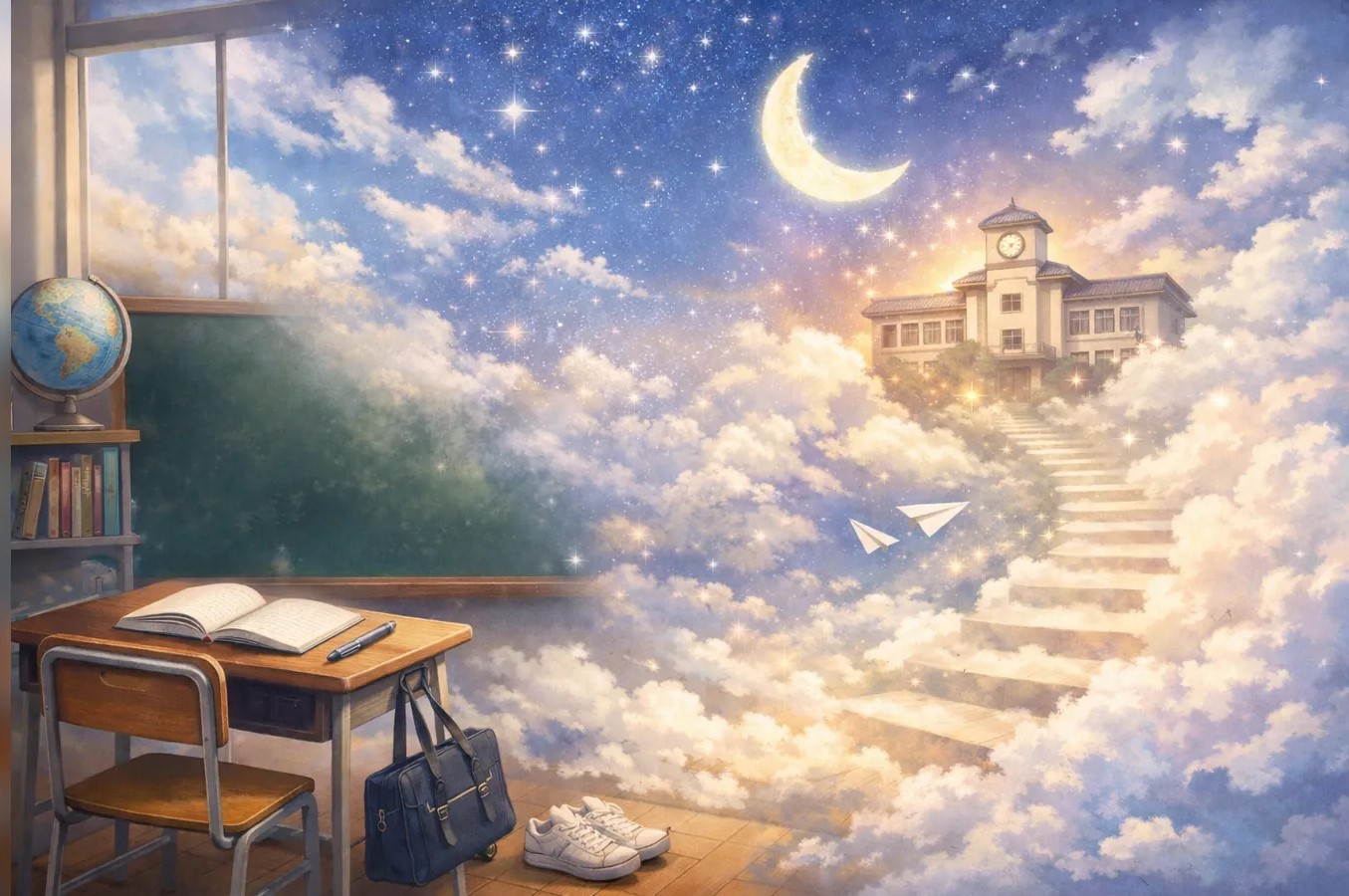 夕暮れの教室から雲の階段が夜空の学校へ続く、月と星が輝く幻想的なイラスト