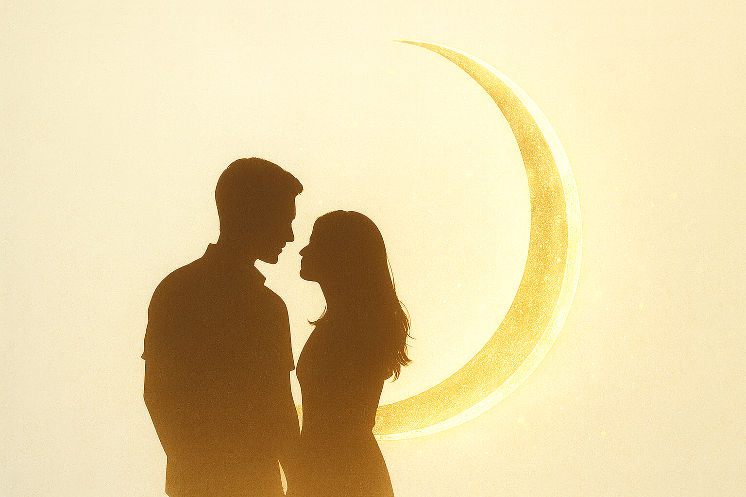 ふんわり光る月の前に立つ恋人のシルエット