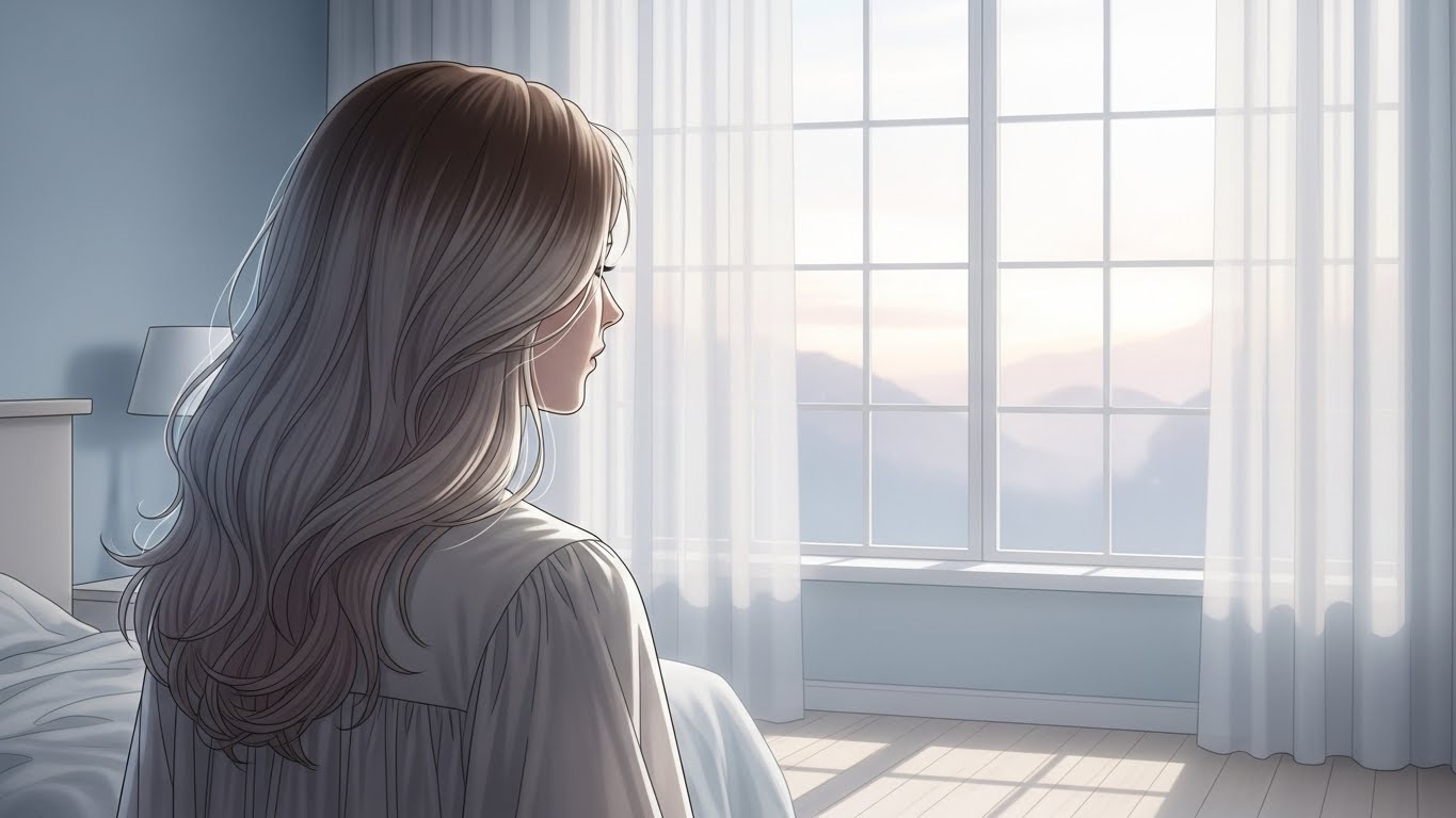 窓辺で外を見つめる、夢に出てきそうな知らない女性の後ろ姿