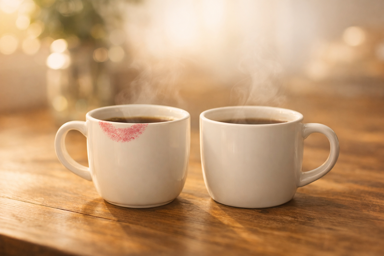 木のテーブルに並ぶ白いマグカップ2つと、淡い口紅の跡