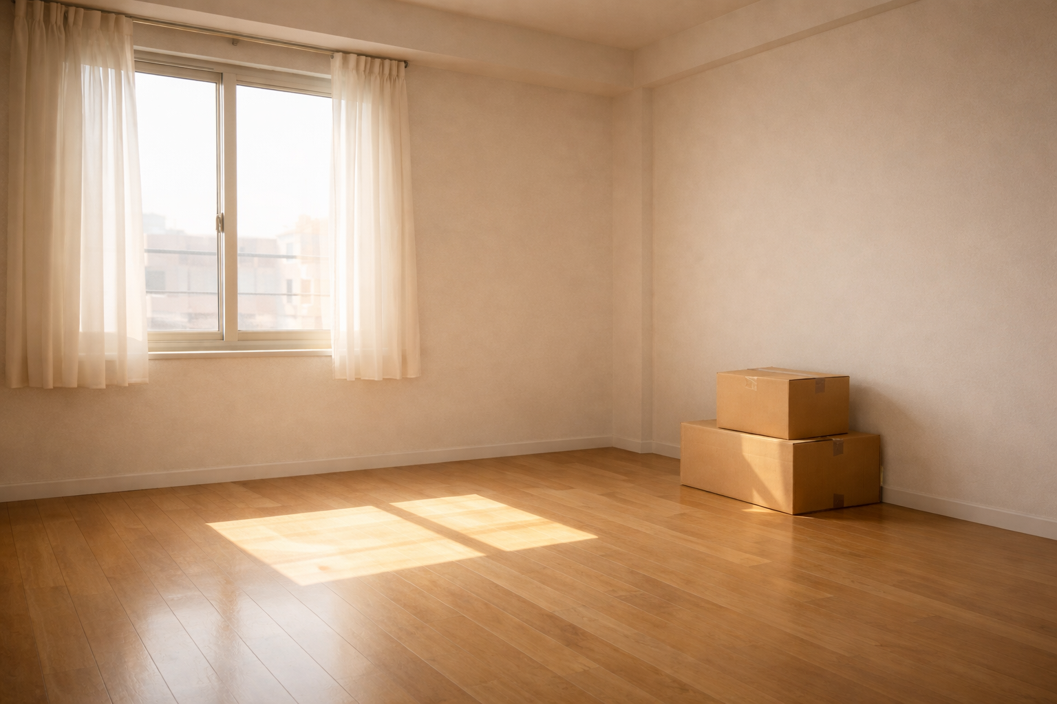 朝の光が差し込む新居の部屋と段ボールが置かれた静かな室内