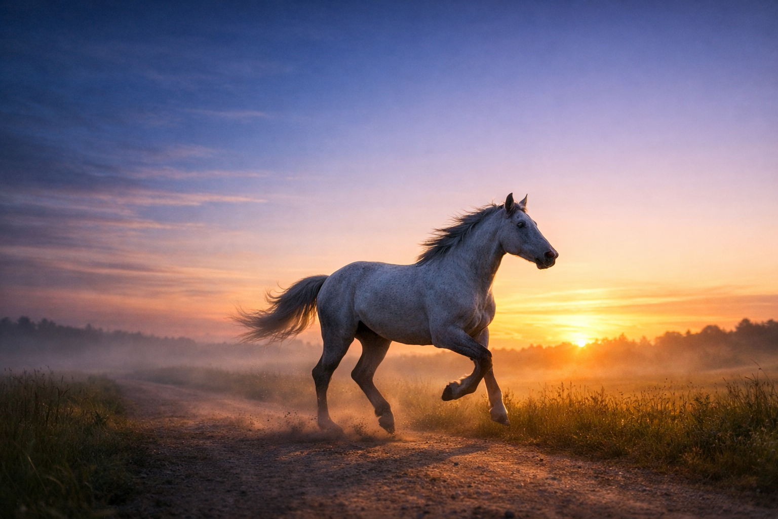 夜明けの道を右向きに走り出す直前の白い馬