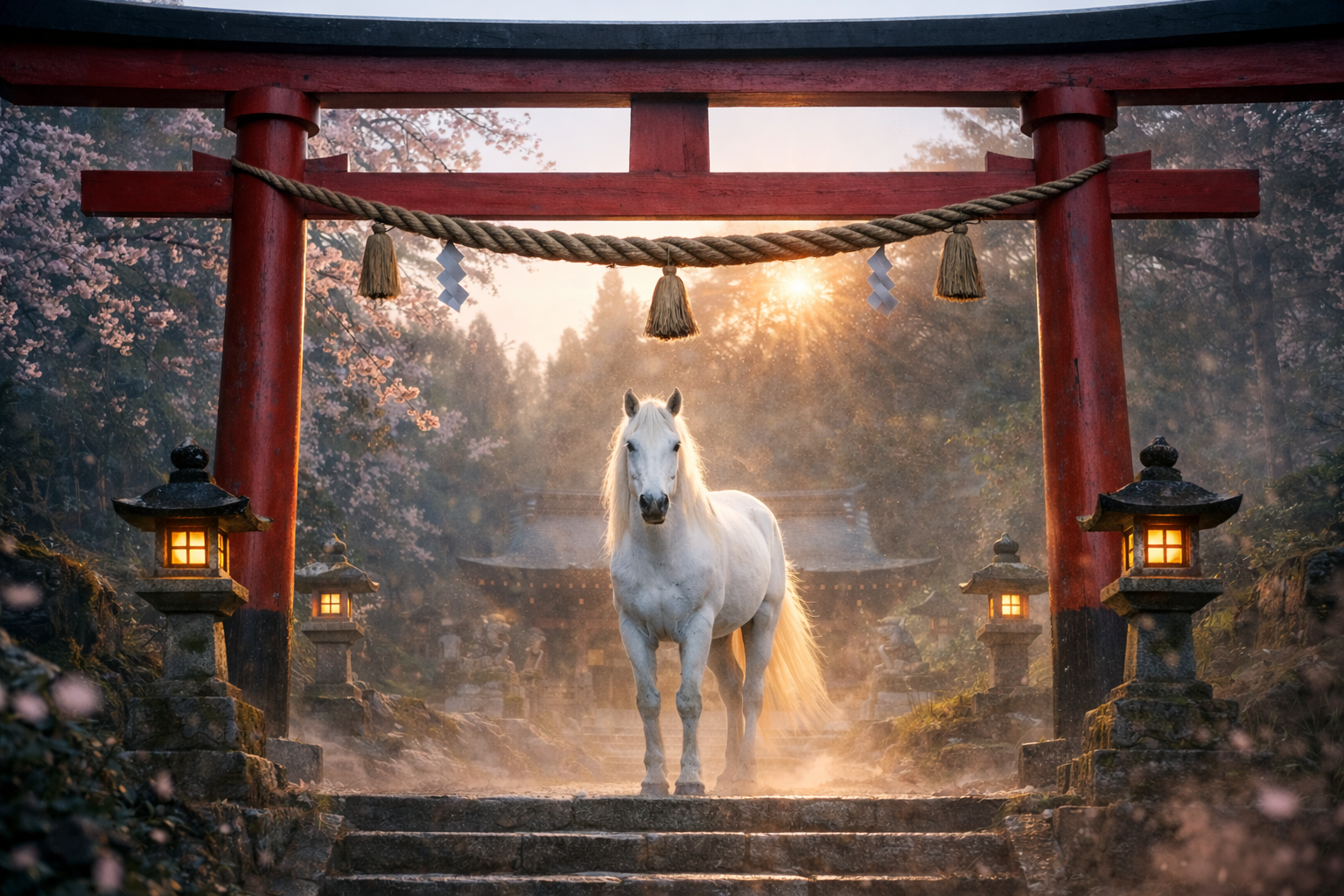 白馬が神社の鳥居の前に立つ幻想的な風景｜年始の初夢・大吉の象徴
