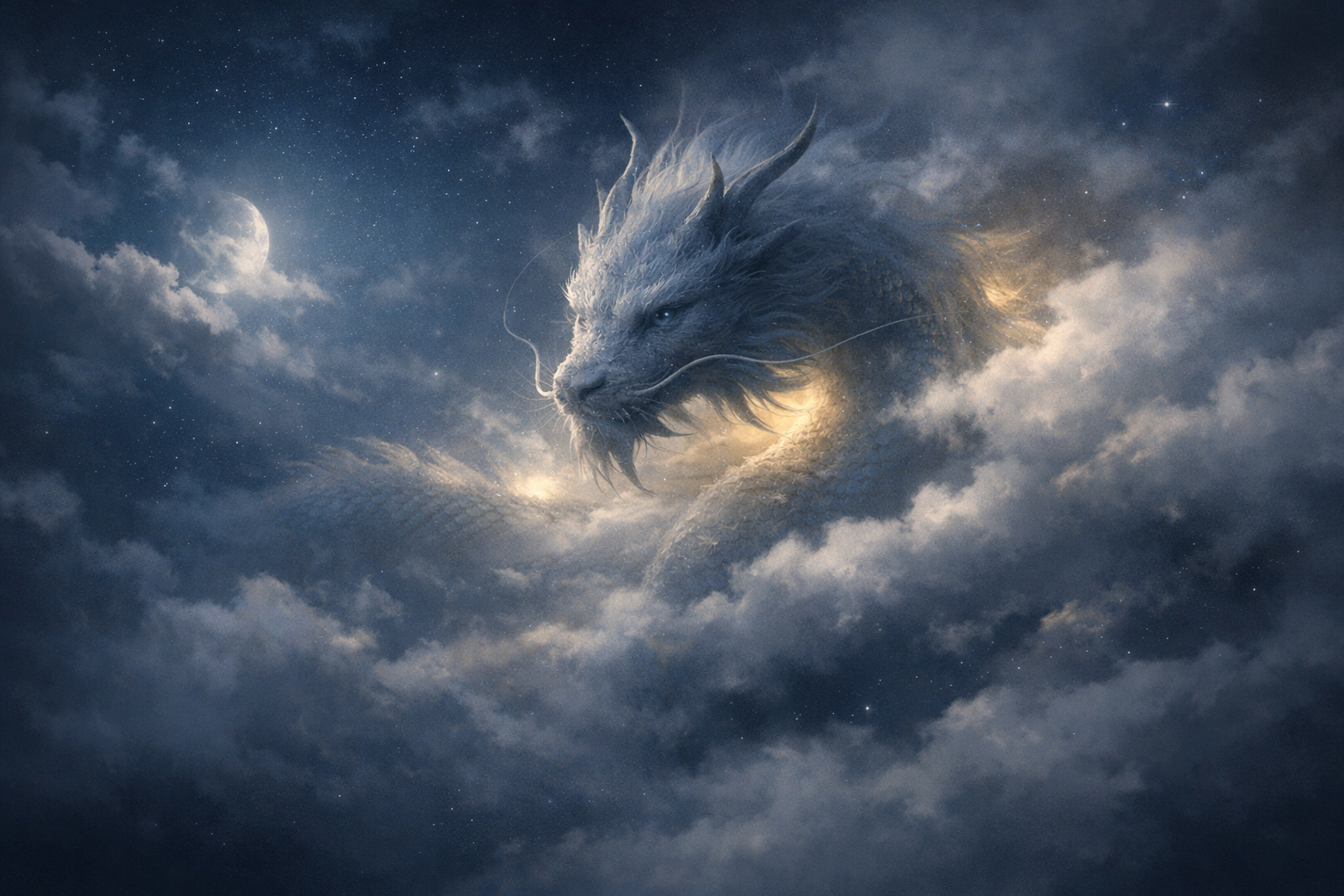 夜空と雲に包まれた日本風の龍が静かに浮かぶ幻想的な風景