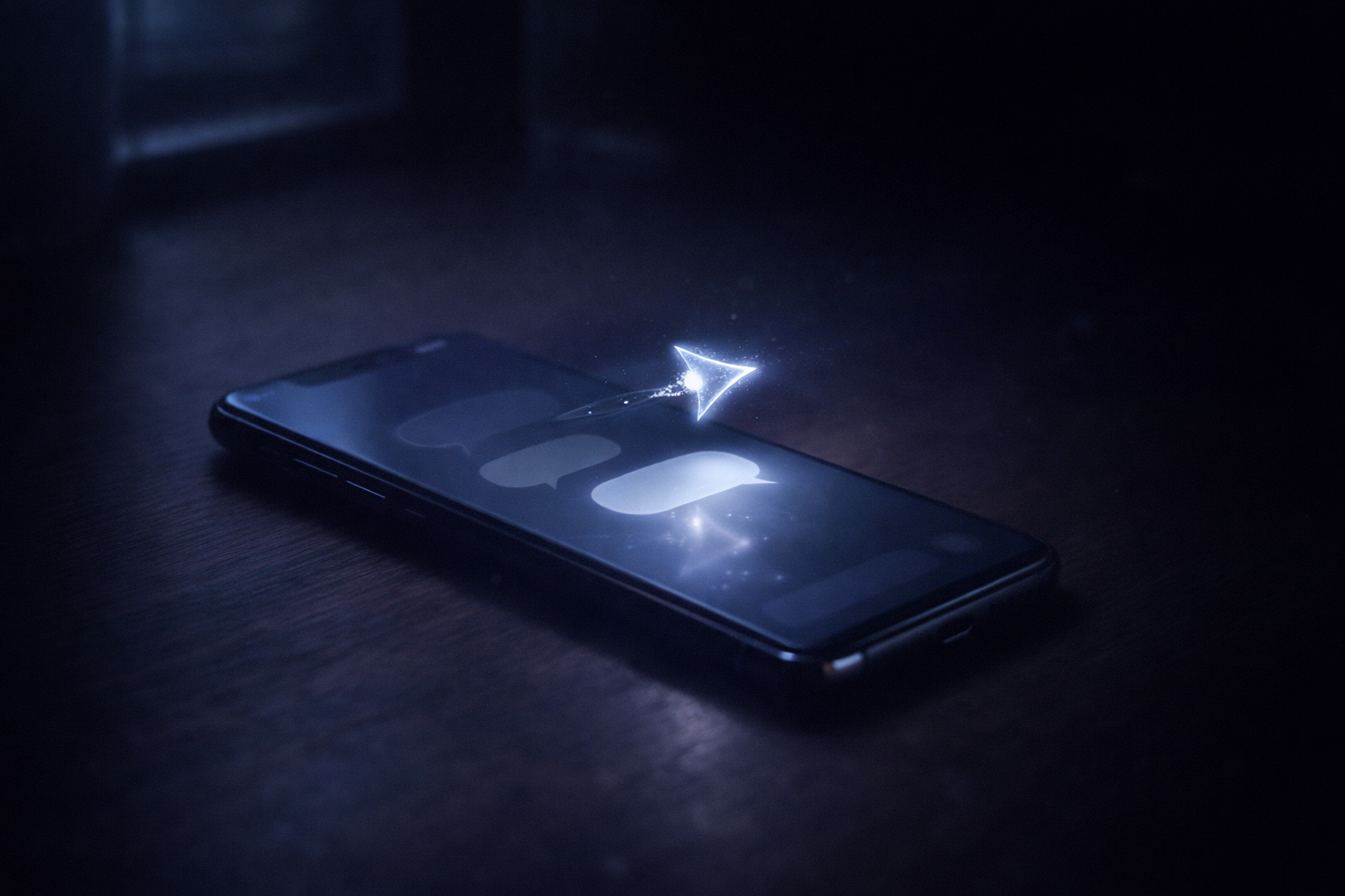 暗い木の机の上に置かれたスマホと、送信が止まった光の矢印