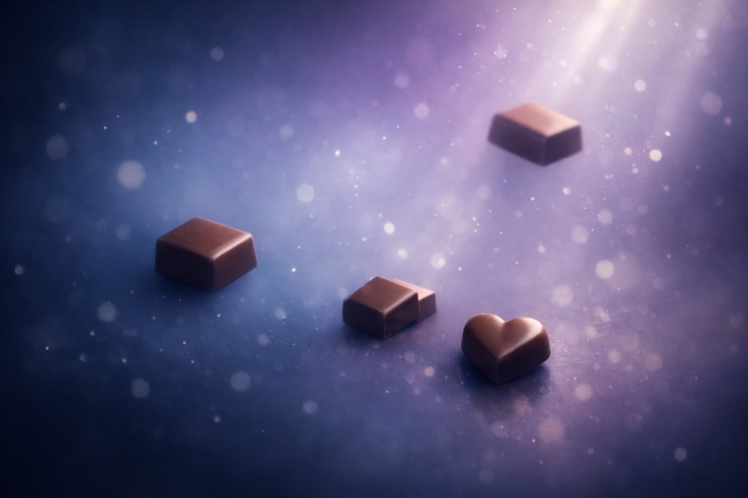 深い青から紫のグラデーション背景に、チョコがふわっと浮かぶ夢っぽい画像