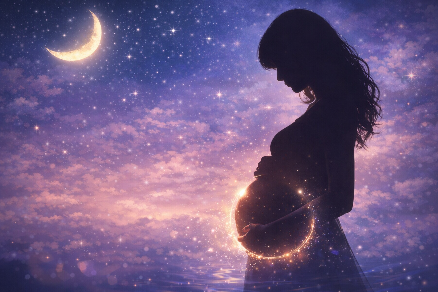 妊婦のシルエットと三日月、星空にお腹が光る夢占いのイメージ