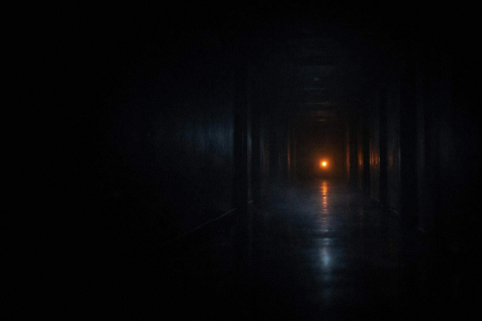 暗闇の夢をイメージした、霧の漂う暗い廊下の奥に小さな暖色の灯りが見える