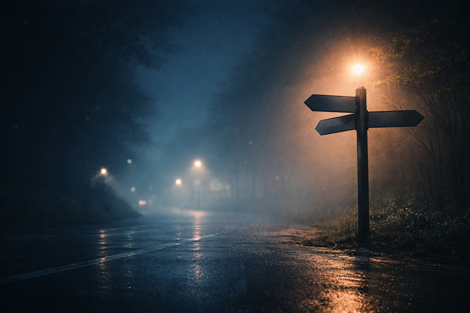 雨上がりの夜の分かれ道と文字のない標識（迷子になる夢のアイキャッチ）