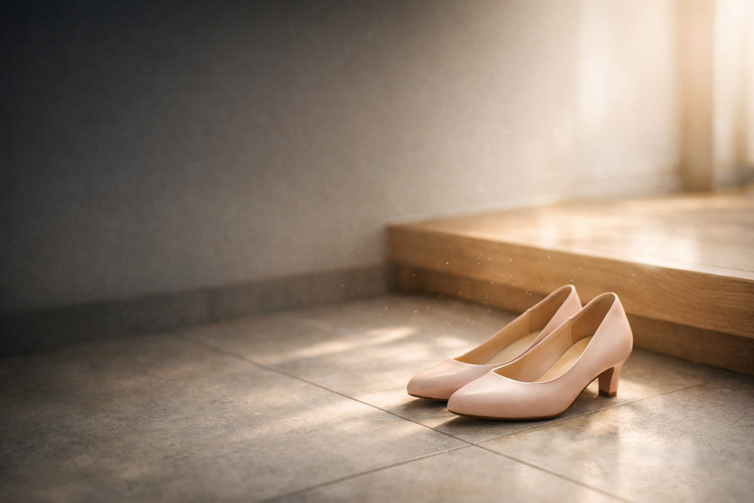 朝の玄関に並ぶ新しいベージュのパンプス