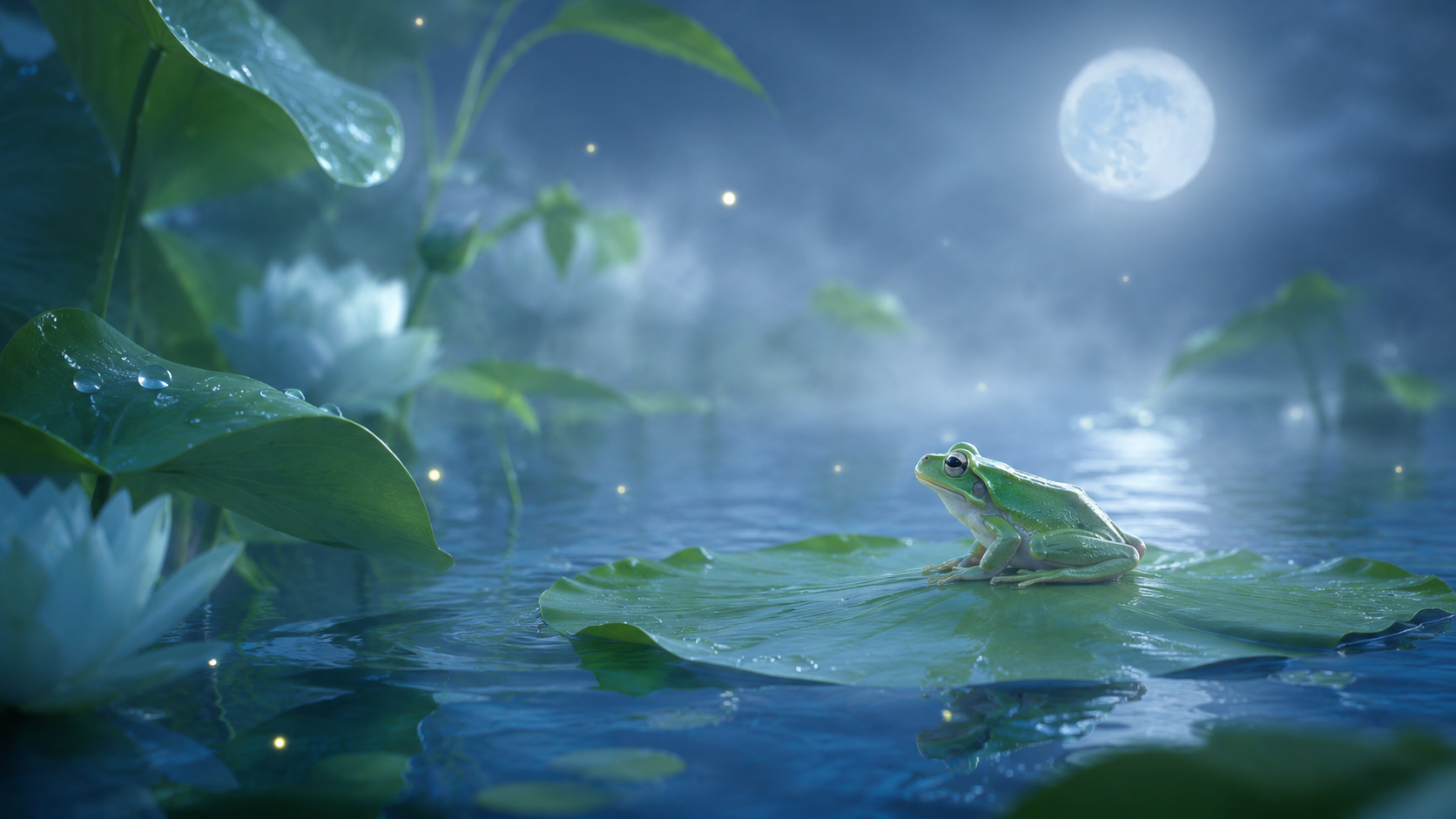 カエルの夢を表す夜の蓮池とカエルのやさしいイメージ