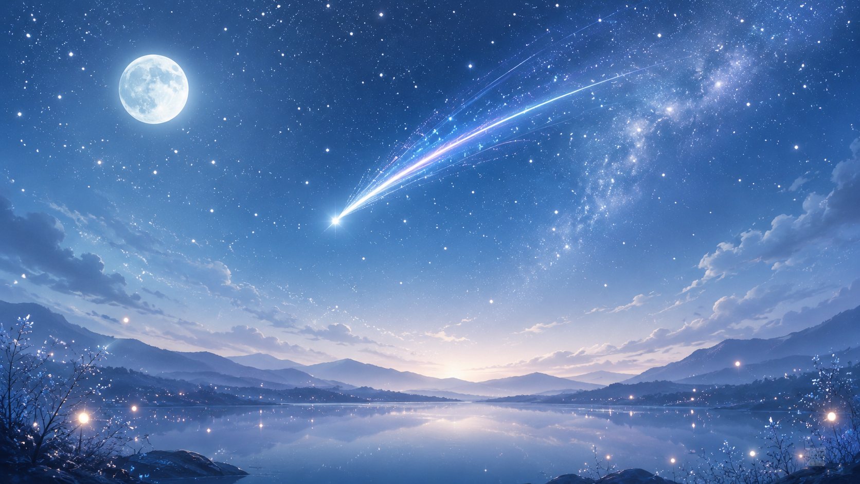 流れ星の夢を表す月明かりとやわらかな星空