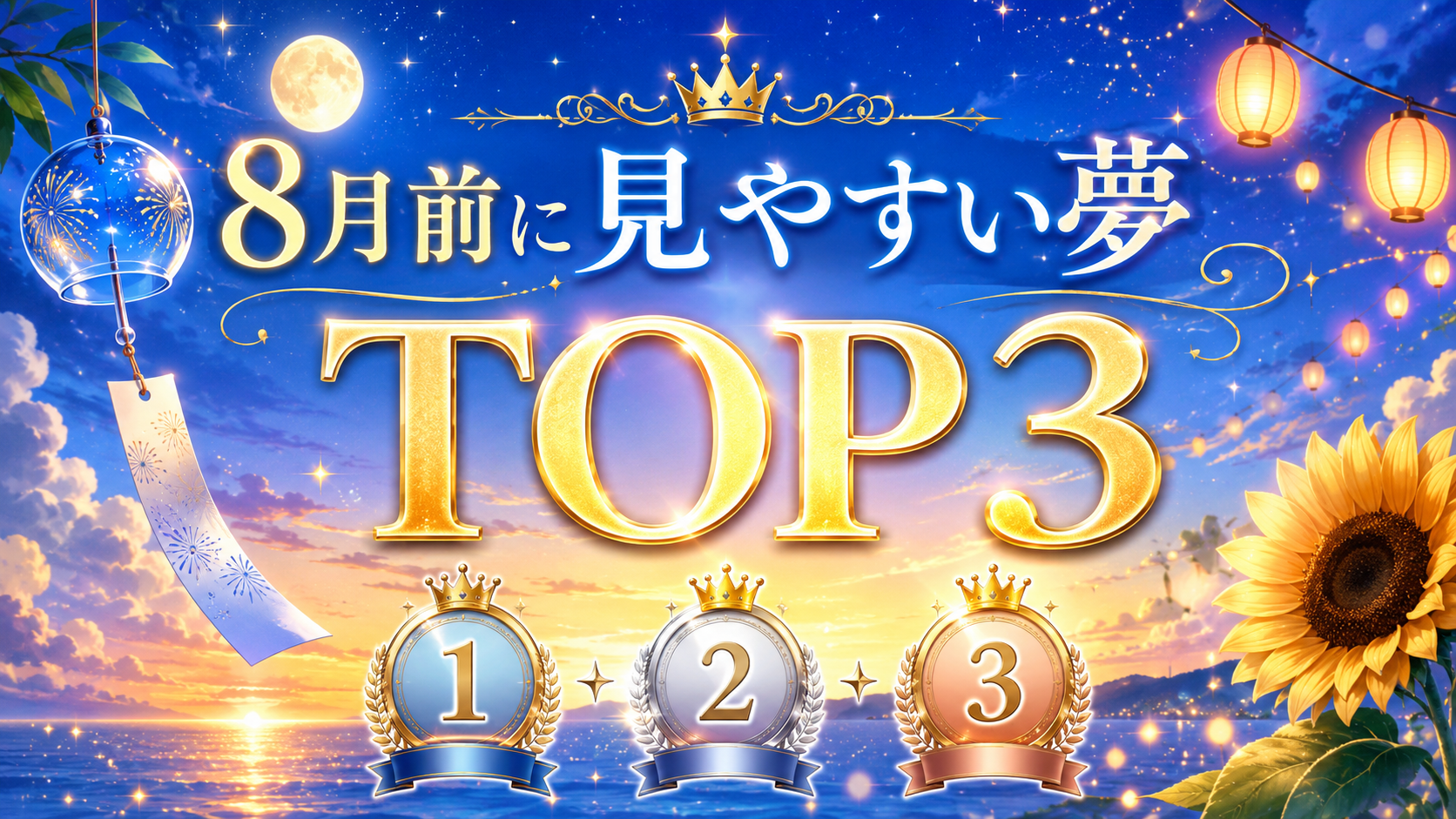 満月や風鈴、提灯、ひまわりを背景に「8月前に見やすい夢TOP3」と書かれた夏の夢占いランキング画像