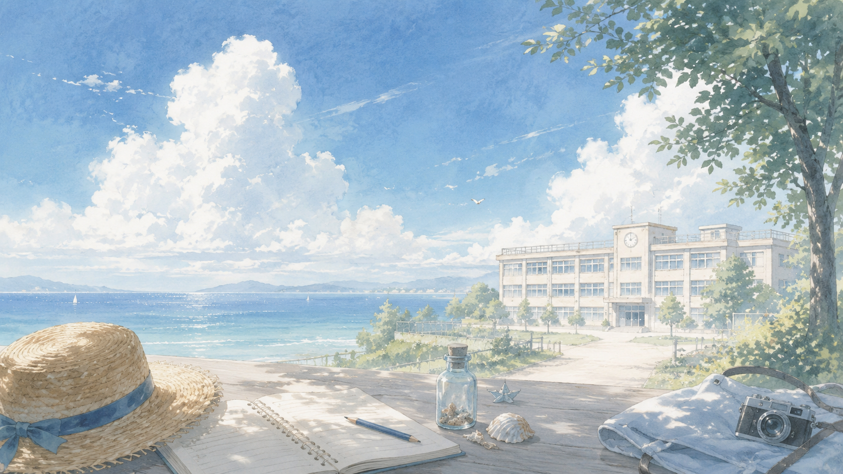 青空と海を望む学校前に麦わら帽子やノートが置かれた夏休みの夢のイメージ