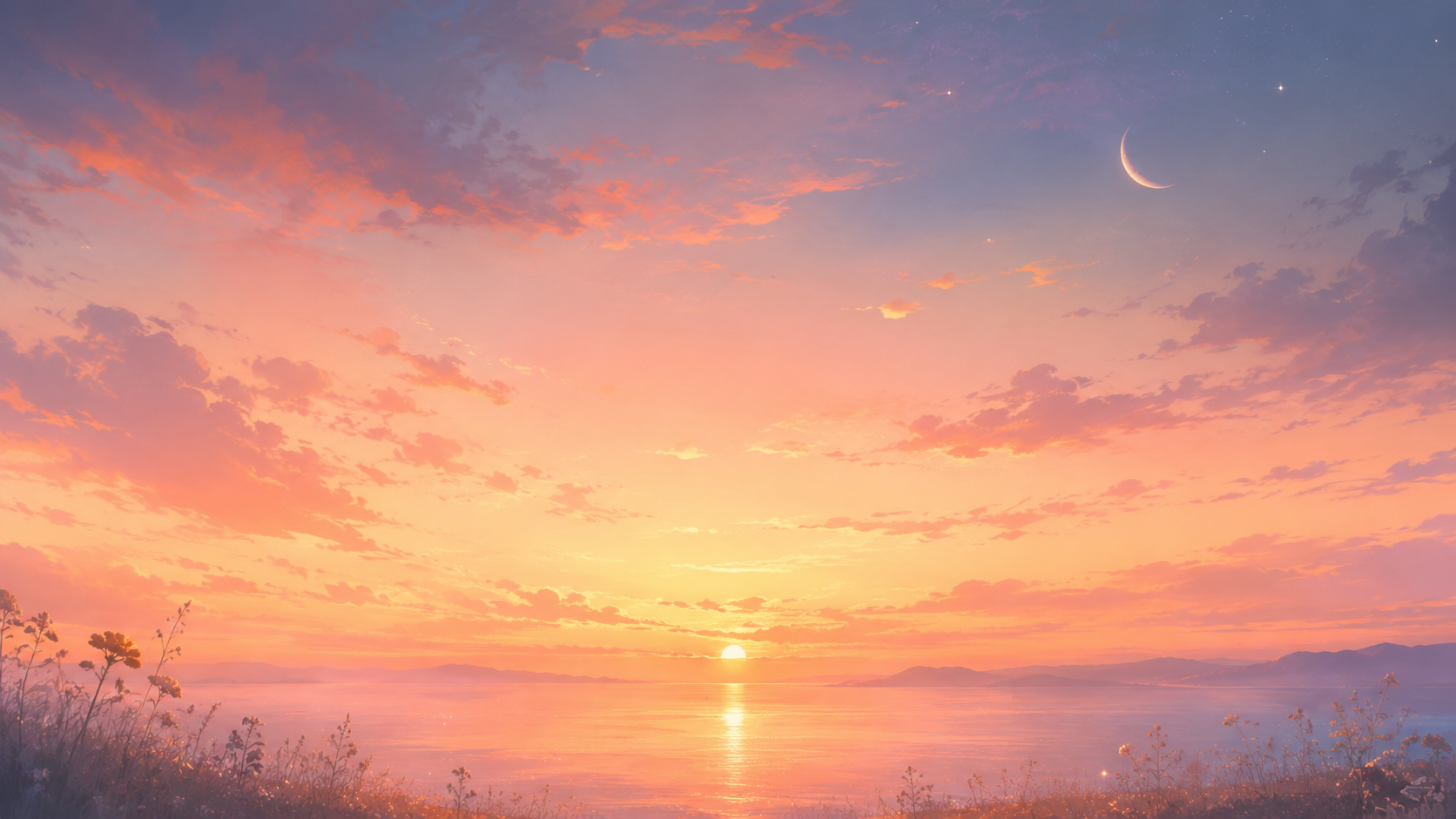 夕焼けの夢を表す海辺のオレンジ色の空と三日月、静かな花野