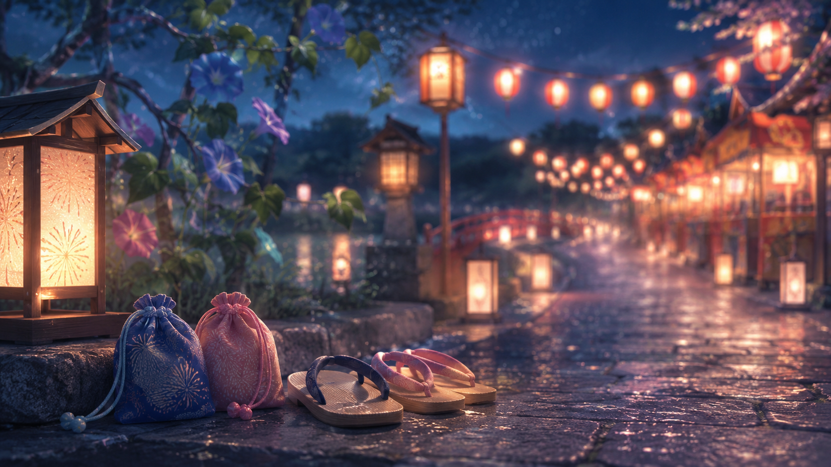 好きな人と夏祭りに行く夢を表す提灯と月明かりのやさしい風景