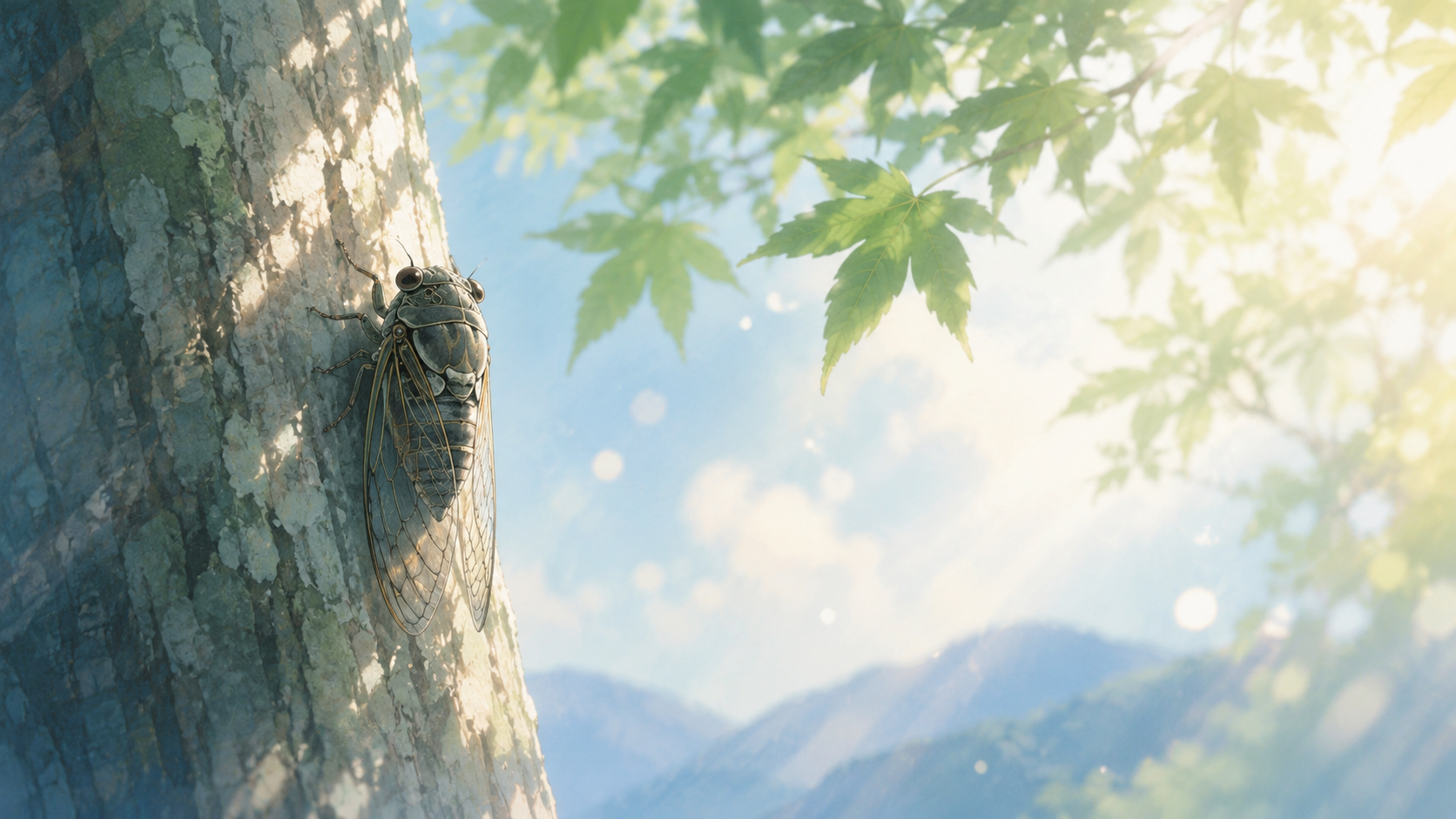 夏の光が差す木の幹にとまった蝉と青空