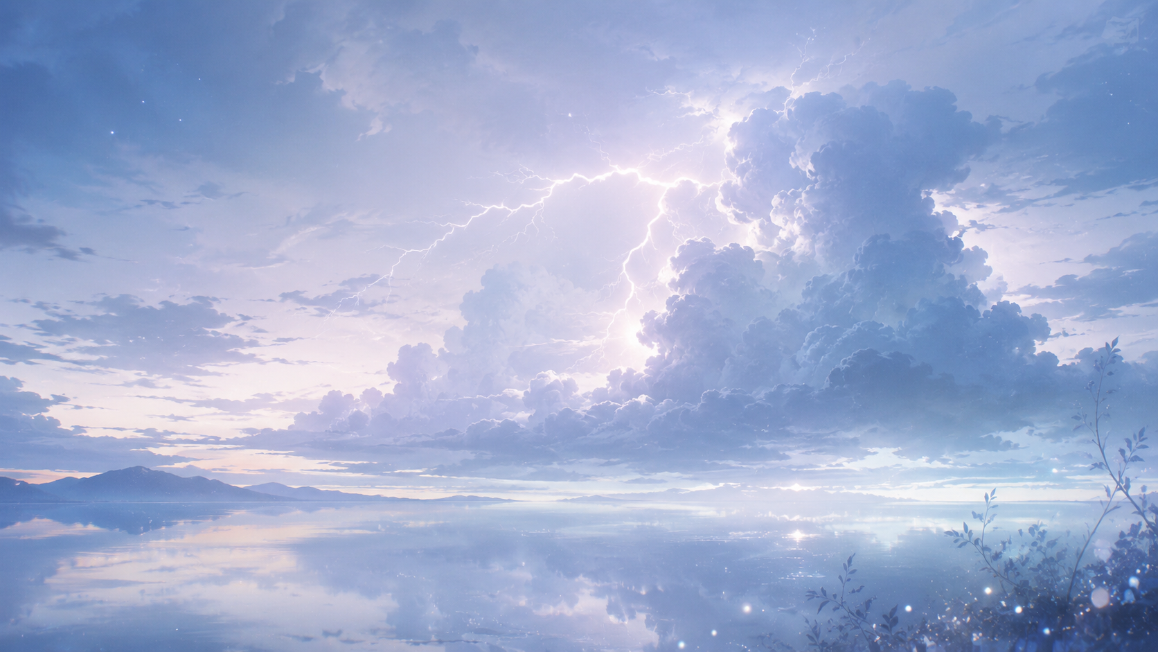 淡い青空の積乱雲に白い稲妻が走る幻想的な風景