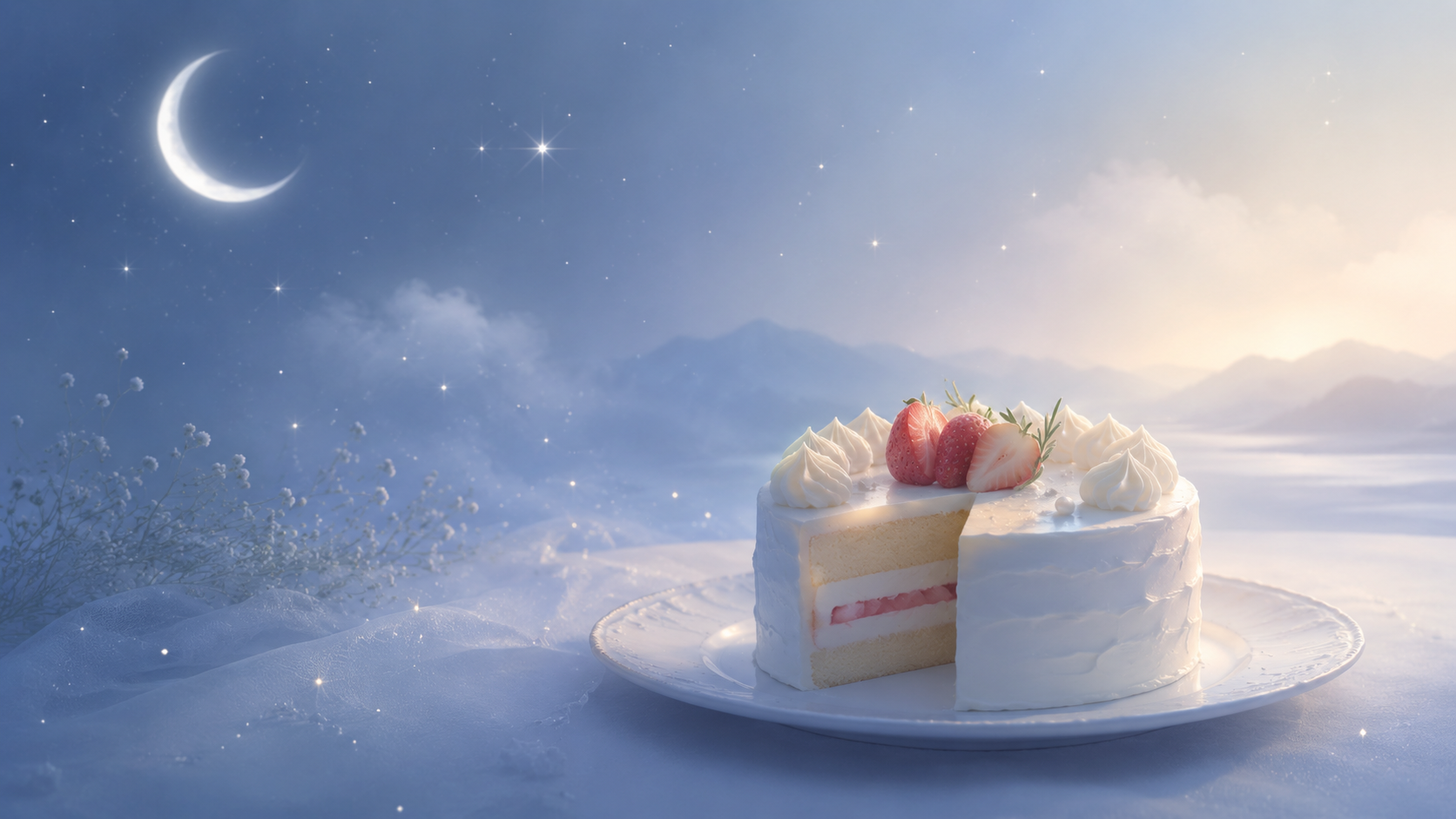 月明かりと星空の下に白い苺のケーキが置かれたケーキを食べる夢のアイキャッチ画像