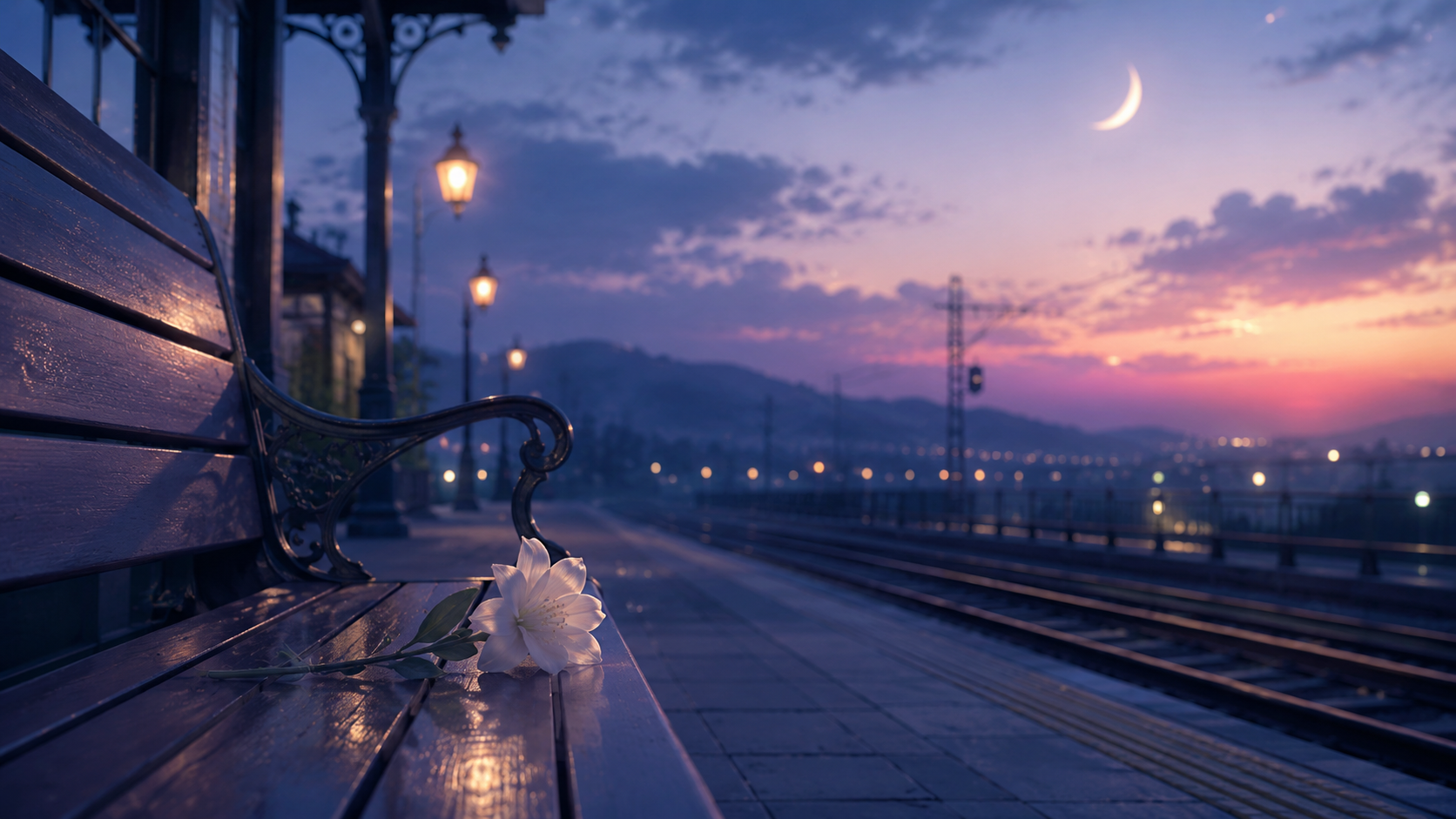 夕暮れの駅のホームにあるベンチと一輪の白い花。昔好きだった人が出てくる夢を表すアイキャッチ画像