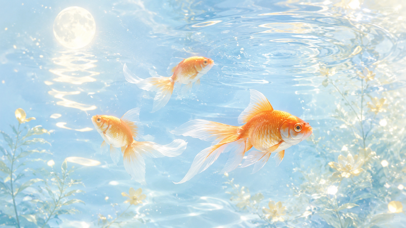 透明な水の中をやわらかな光に包まれて泳ぐ金魚の夢のイメージ