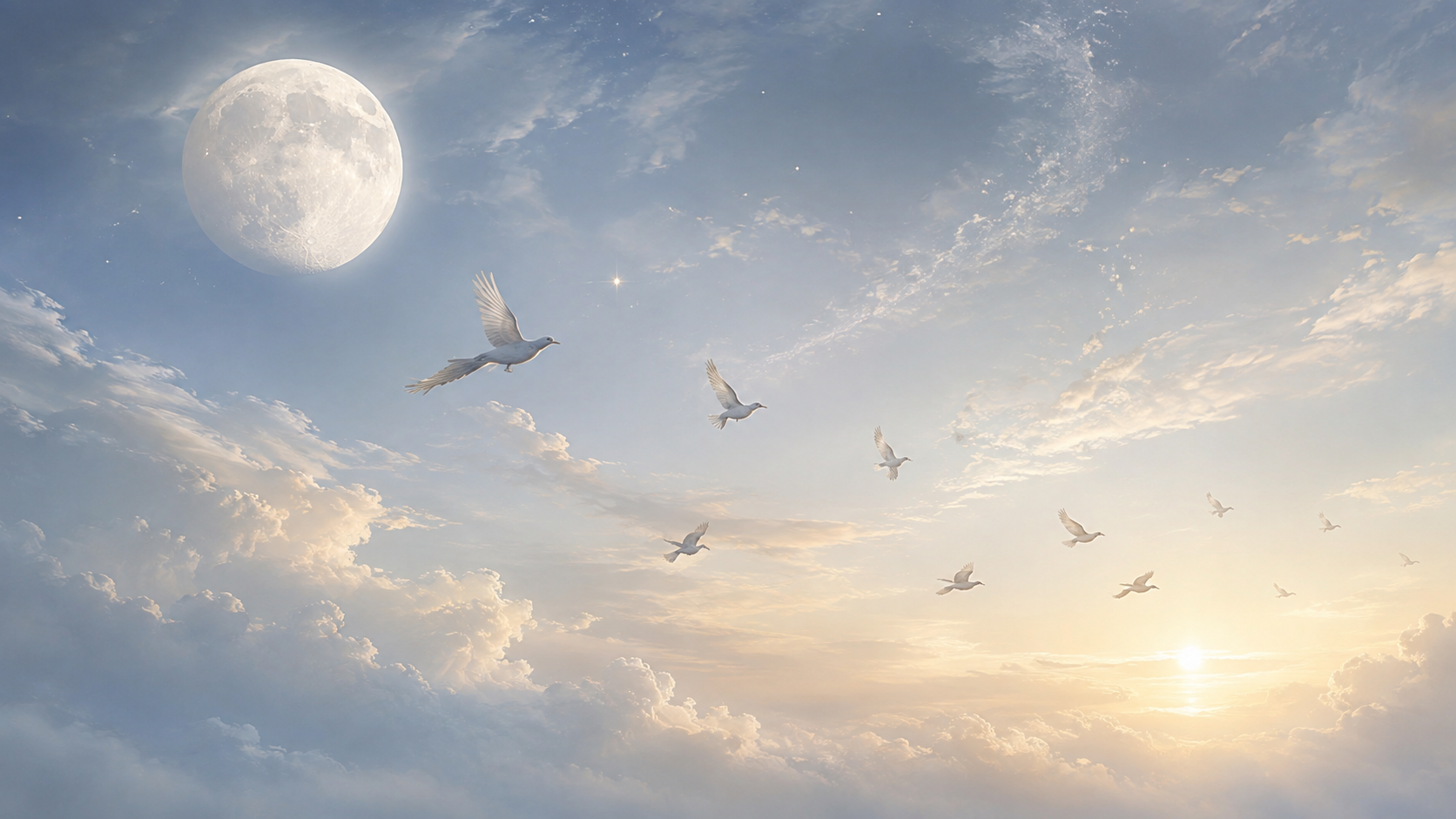 月明かりと明け方のやわらかな空を鳥たちが飛ぶ、自由さと前進を表した夢のアイキャッチ画像